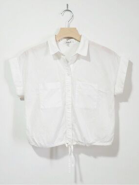 Madewell Cropped White Button-Up Pocket Cuffed Cap Sleeve Shirt with Tie Detail